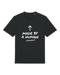 Black t-shirt with hand-lettered "Made by a human (probably)" text