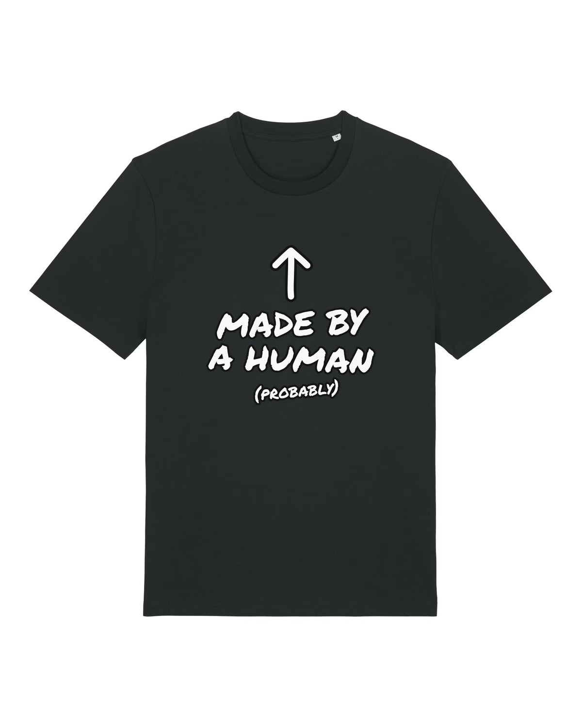 Black t-shirt with hand-lettered "Made by a human (probably)" text