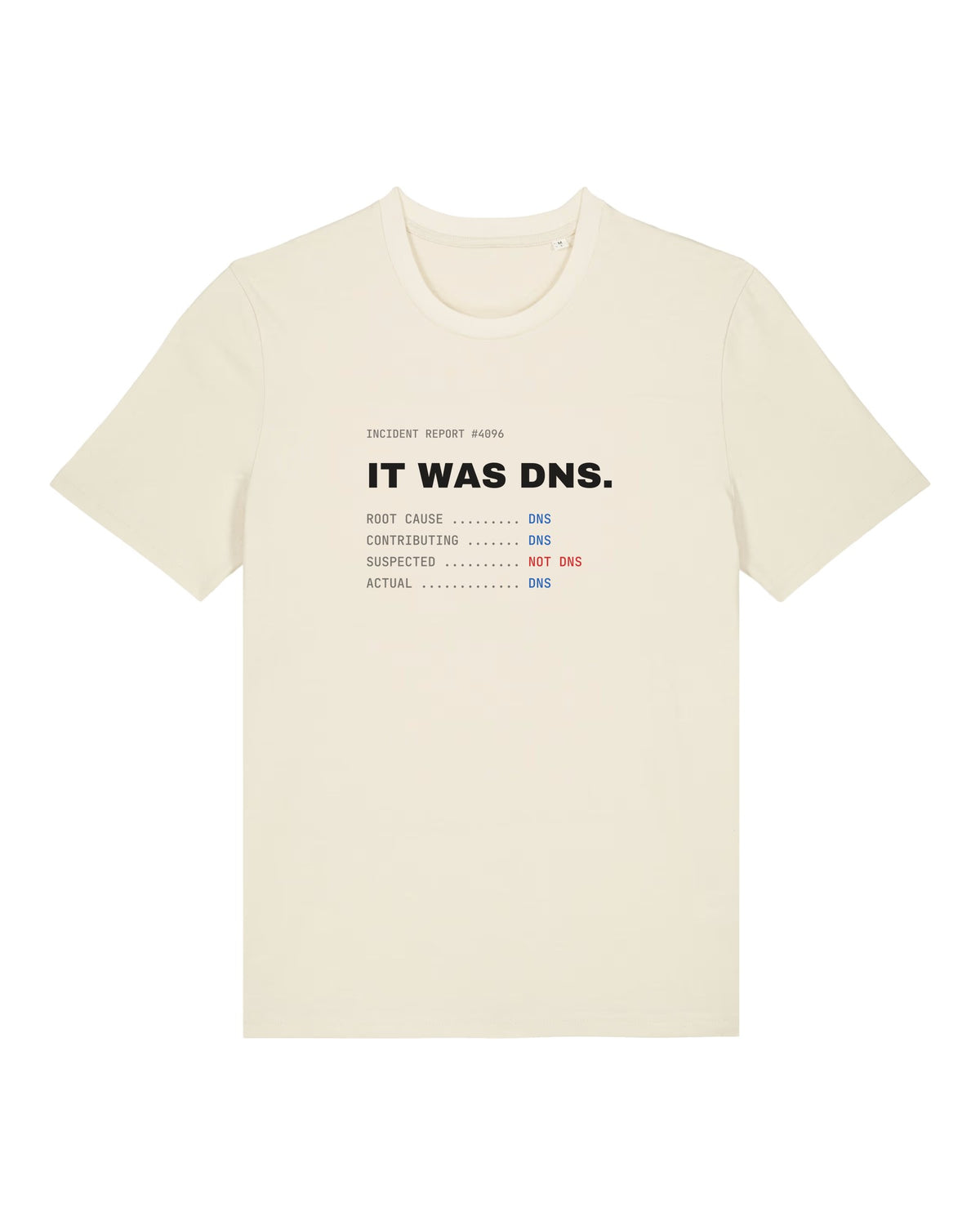 White t-shirt with "IT WAS DNS." incident report print for sysadmins