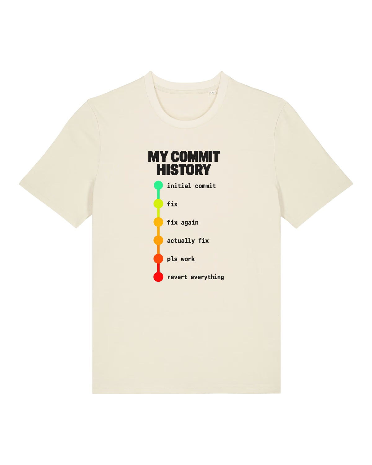 White t-shirt with colour-coded git commit timeline from "initial commit" to "revert everything"