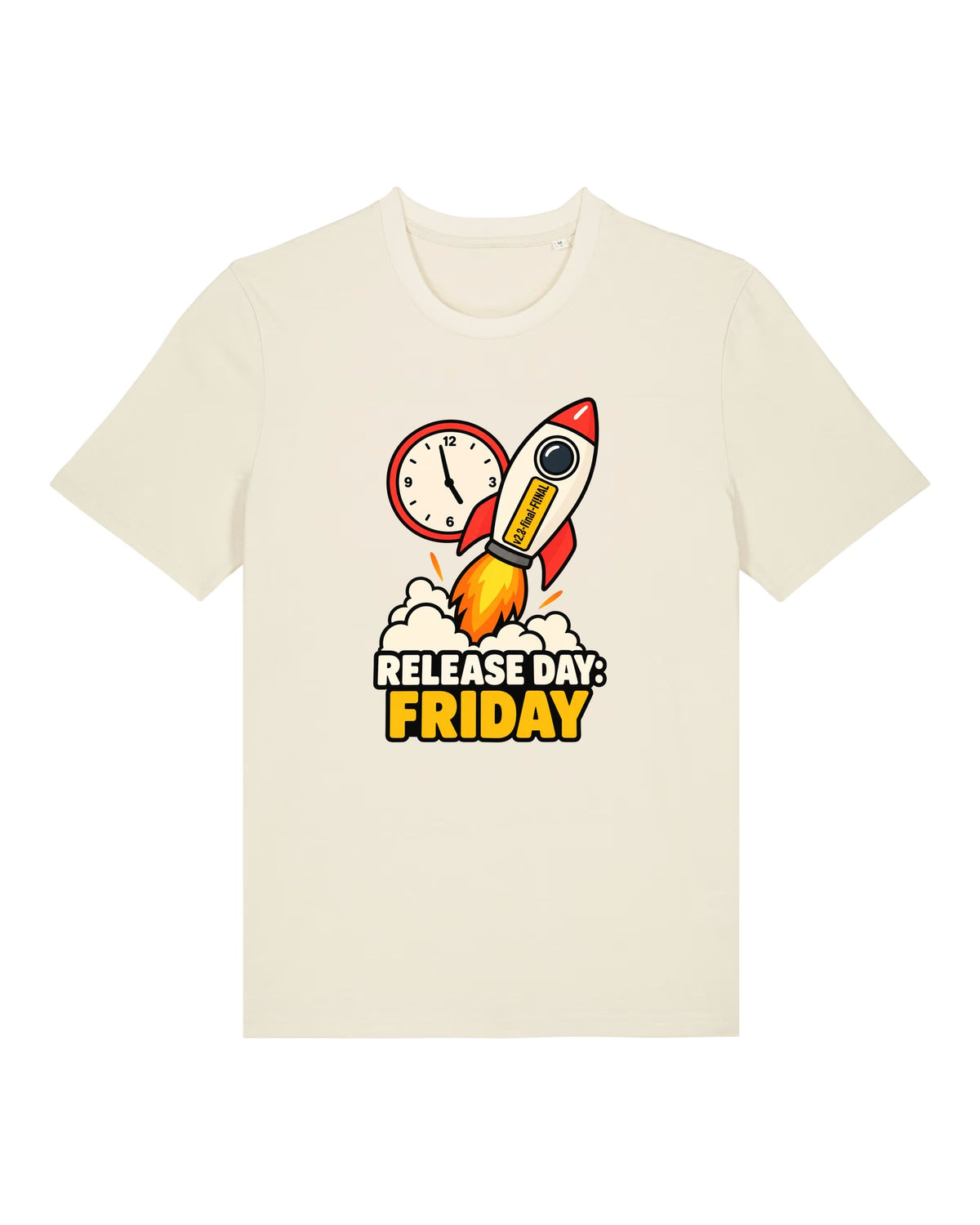 White t-shirt with rocket labelled "v2.8-final-FINAL" with "RELEASE DAY: FRIDAY"