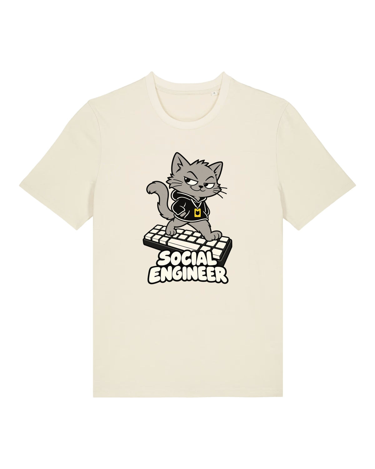 White t-shirt with cat in a hoodie with a lanyard, "SOCIAL ENGINEER"