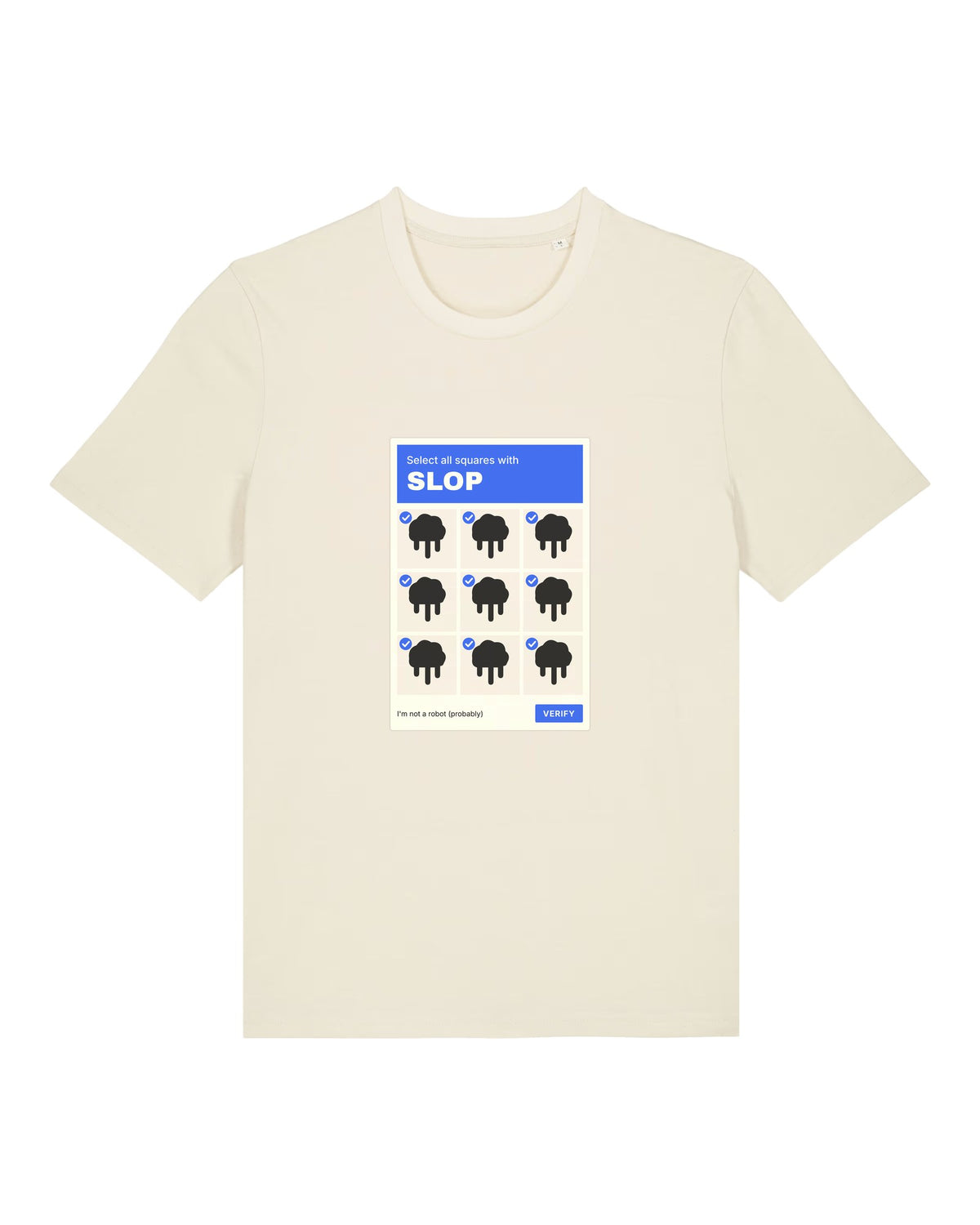 White t-shirt with captcha grid "Select all squares with SLOP"