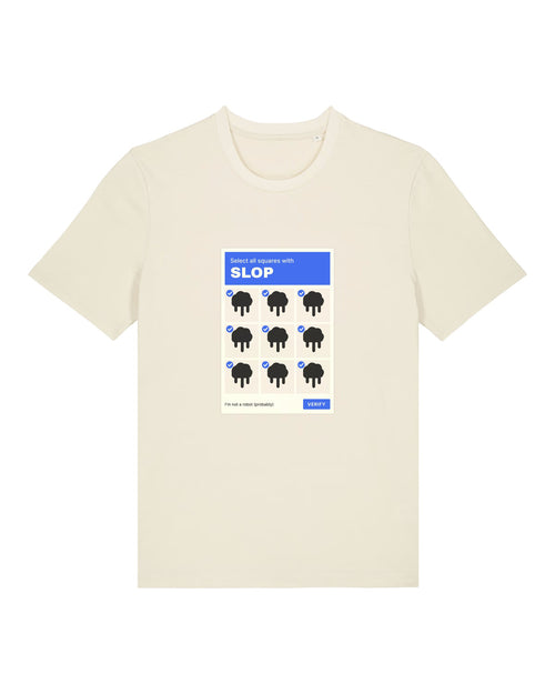 White t-shirt with captcha grid "Select all squares with SLOP"