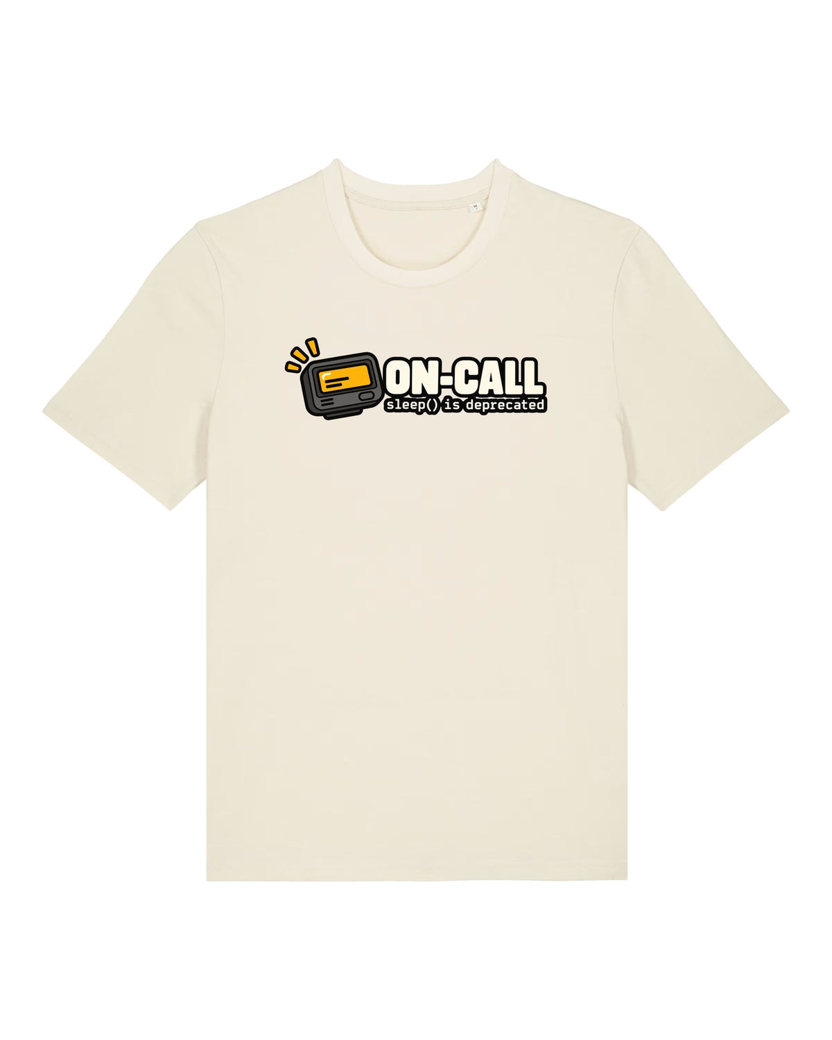 White t-shirt with buzzing pager with "ON-CALL — sleep() is deprecated"