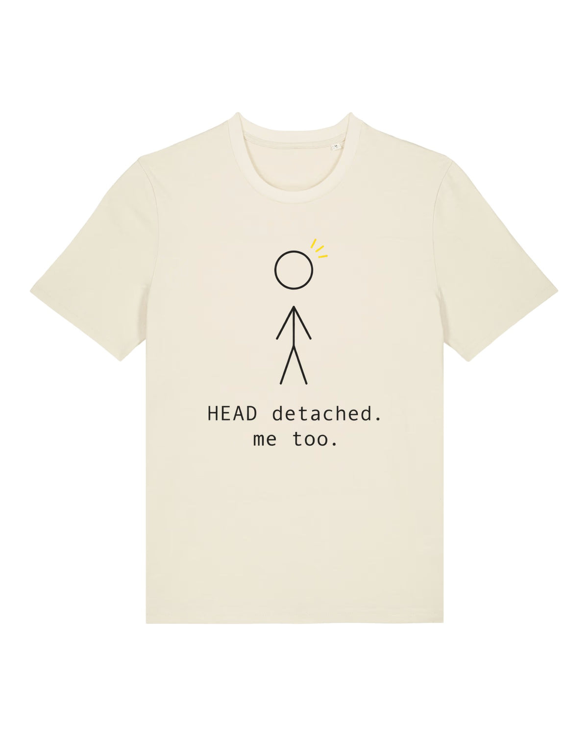White t-shirt with stick figure with git warning "HEAD detached. me too."