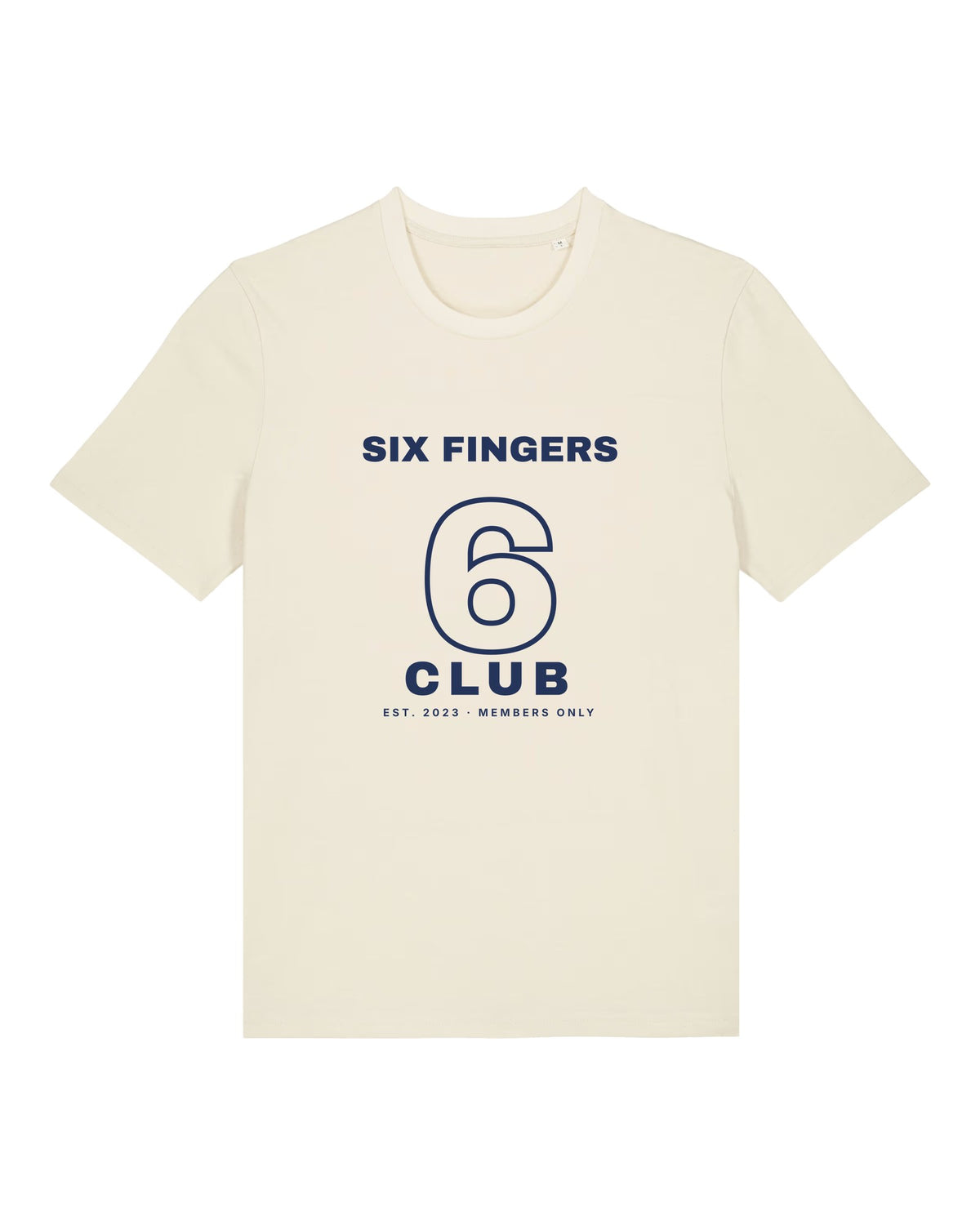 White t-shirt with "Six Fingers Club" varsity print, an AI art meme
