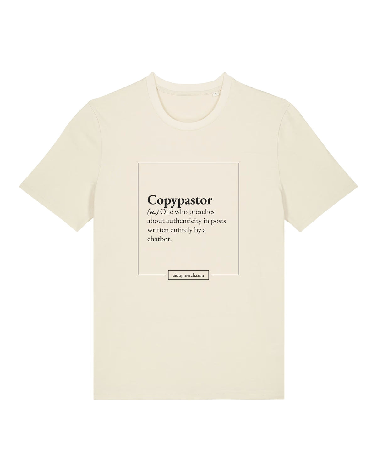 White t-shirt with dictionary definition of "Copypastor (n.)"