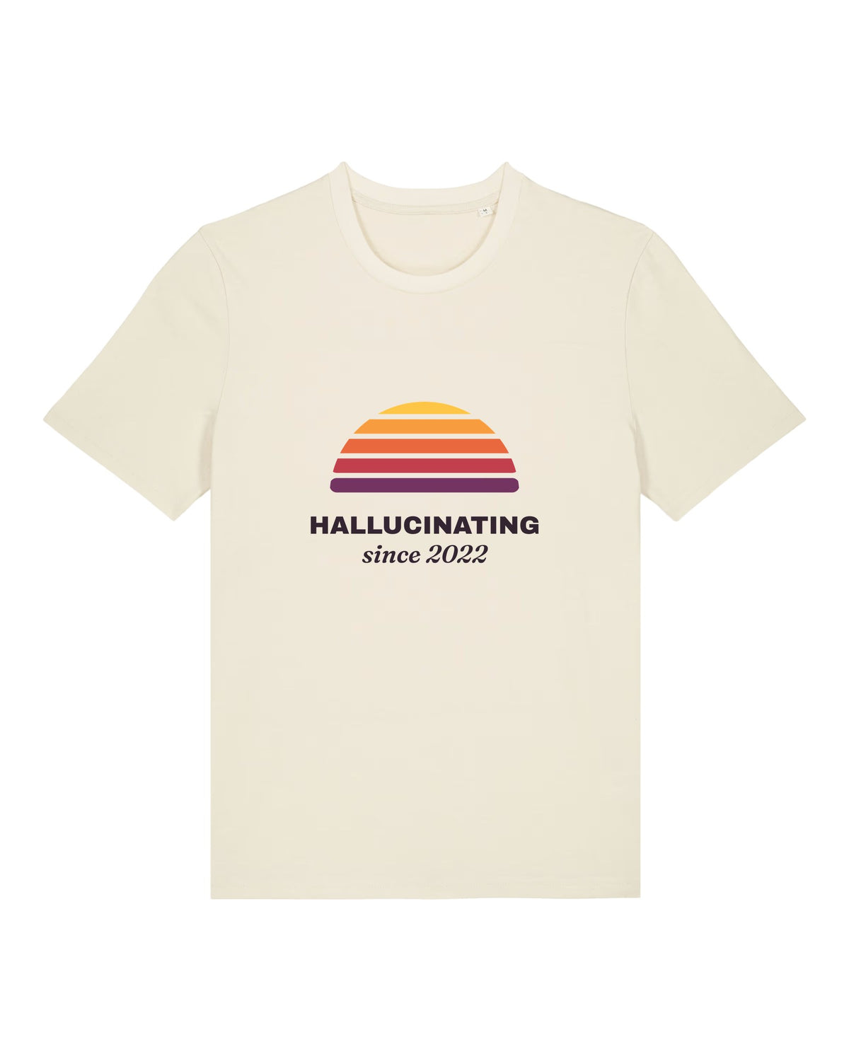 White t-shirt with retro sunset with "Hallucinating since 2022"