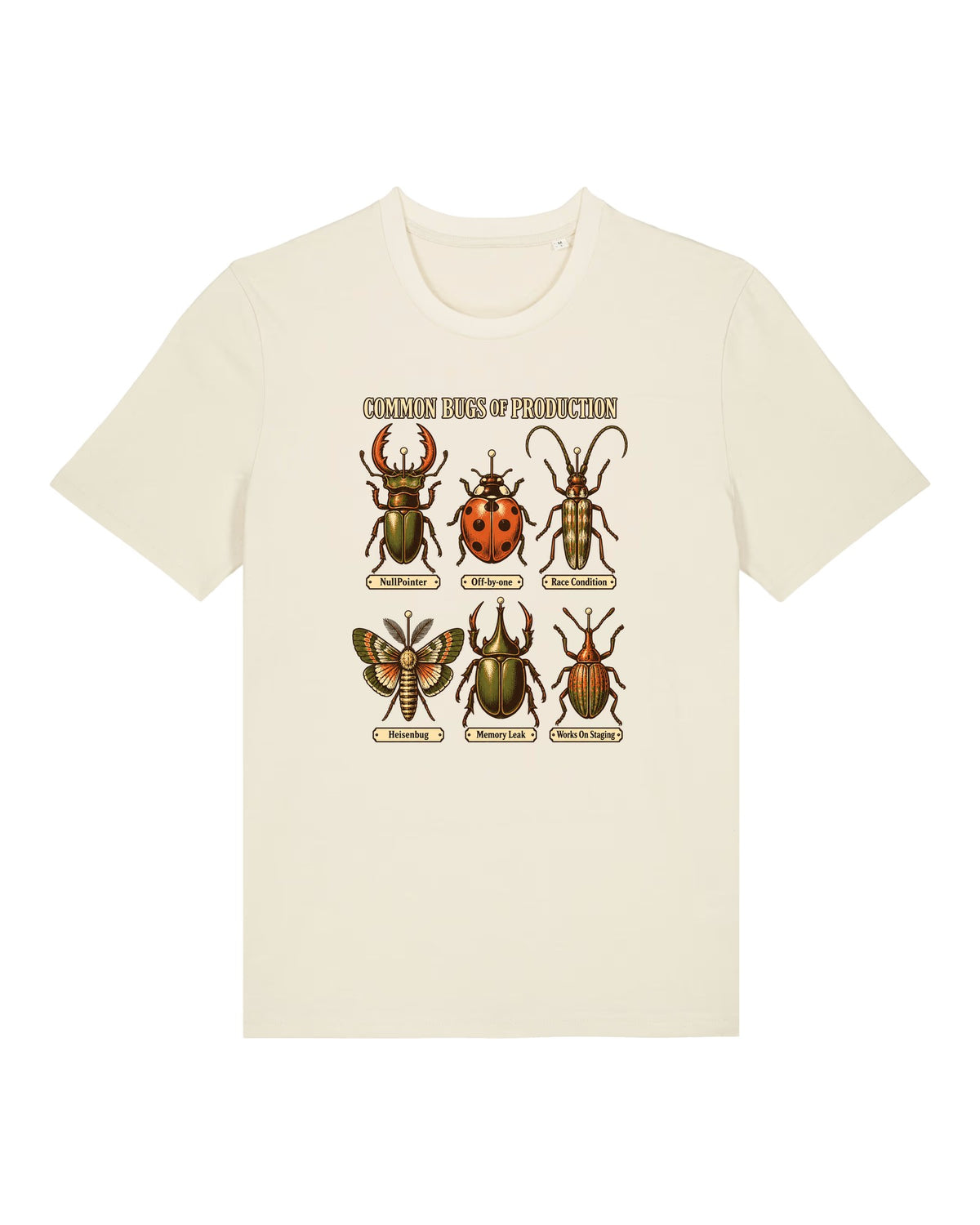 White t-shirt with vintage entomology plate of software bugs like NullPointer and Heisenbug