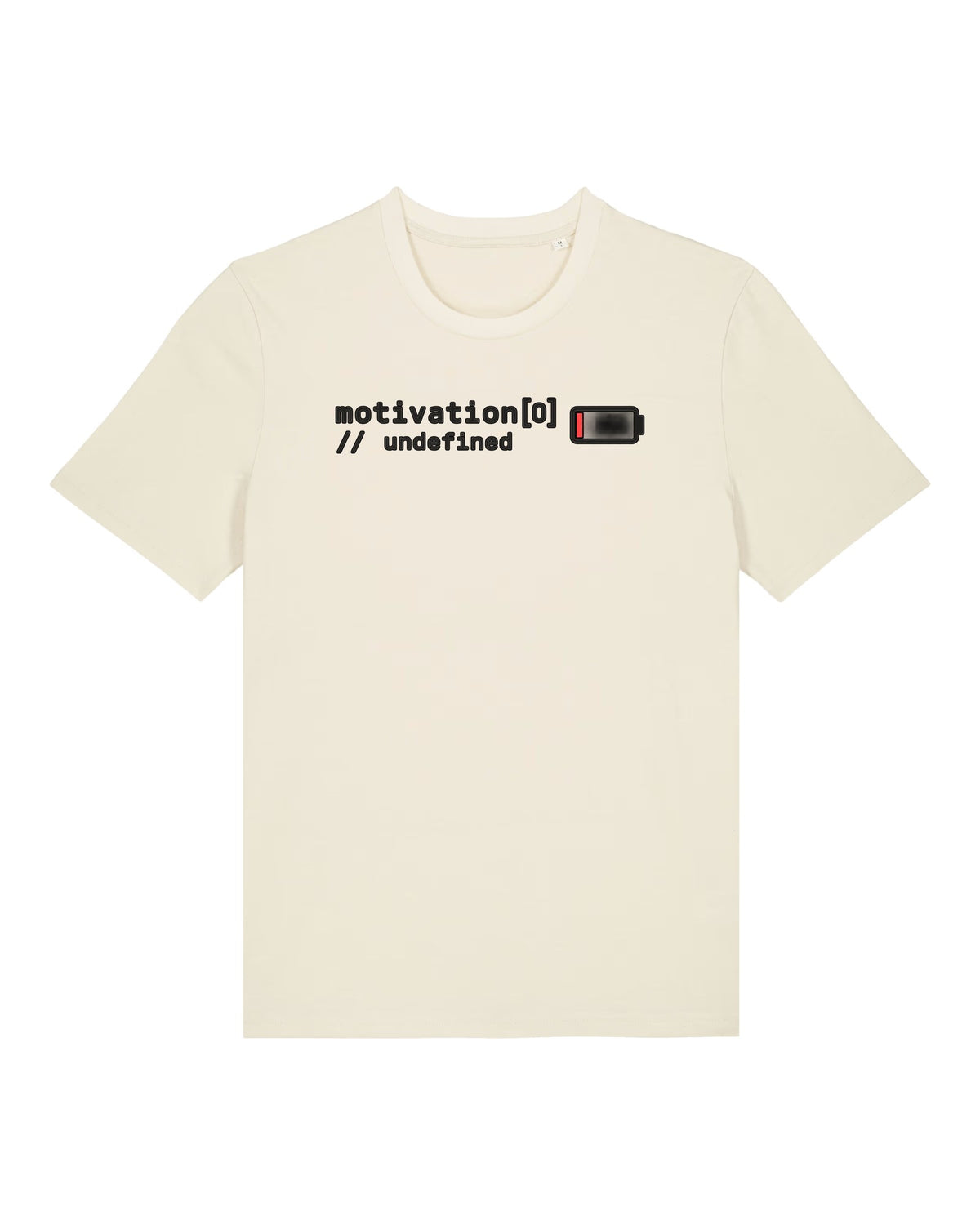 White t-shirt with code "motivation[0] // undefined" with a battery at 3%