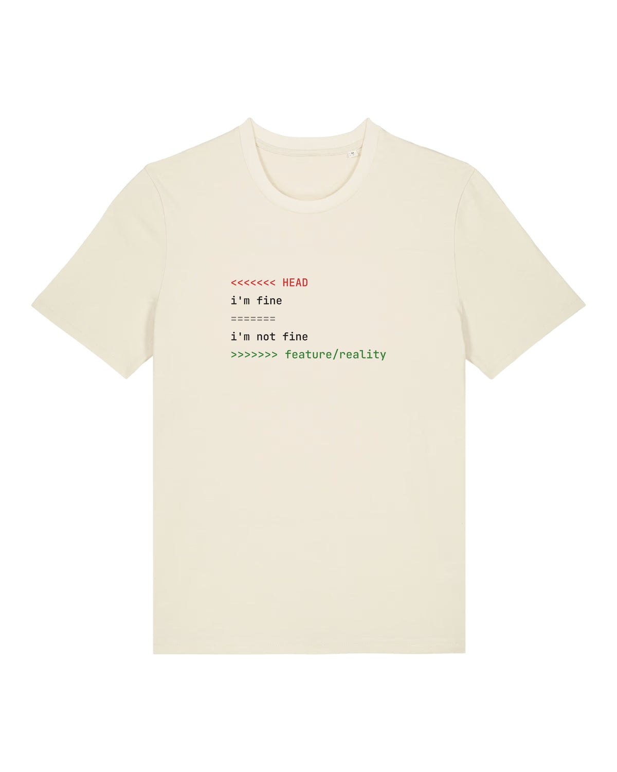 White t-shirt with git merge conflict between "i'm fine" and "i'm not fine"