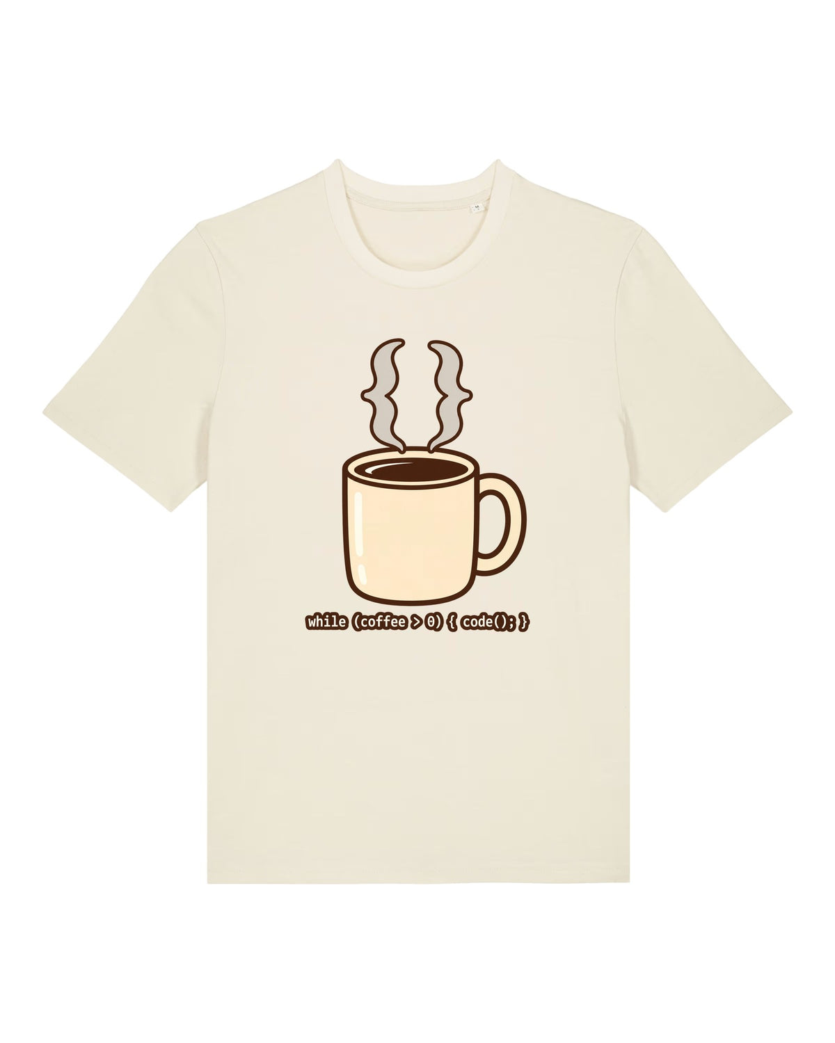 White t-shirt with steaming coffee cup made of curly braces with "while (coffee > 0) { code(); }"