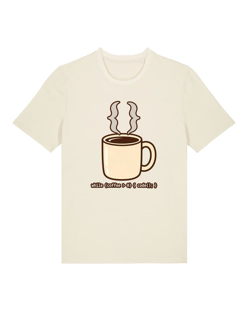White t-shirt with steaming coffee cup made of curly braces with "while (coffee > 0) { code(); }"