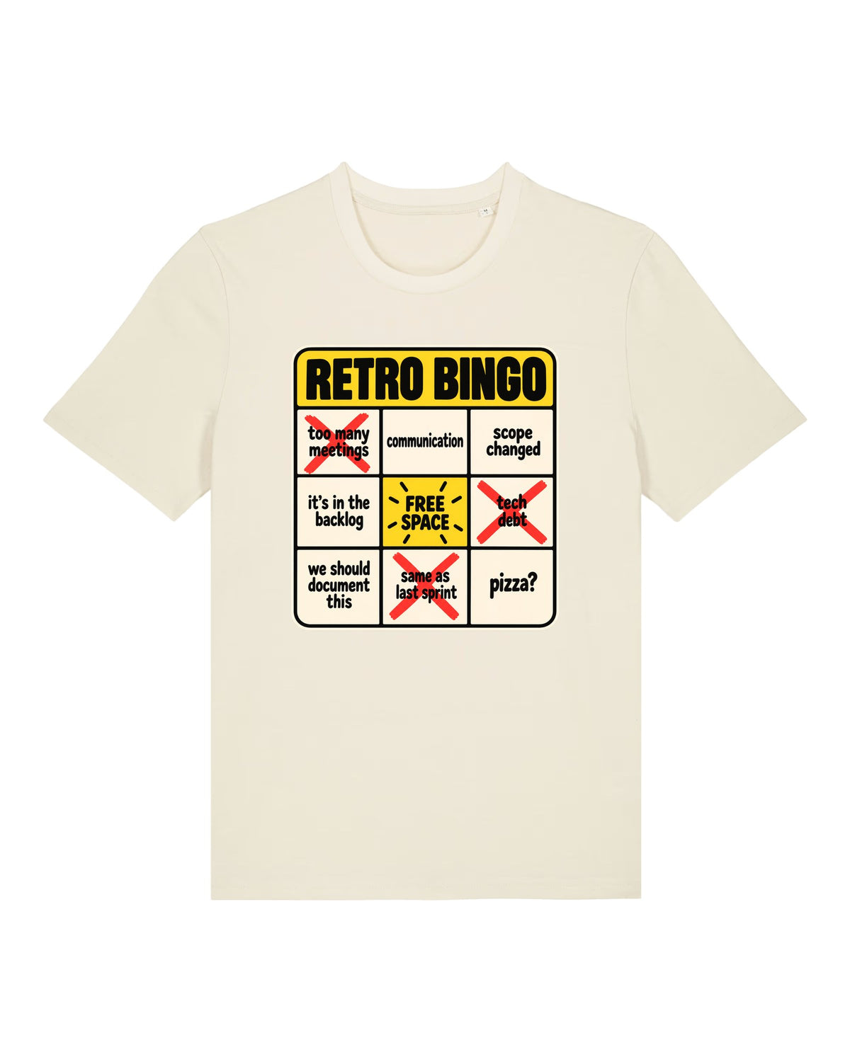 White t-shirt with bingo card with sprint retrospective clichés