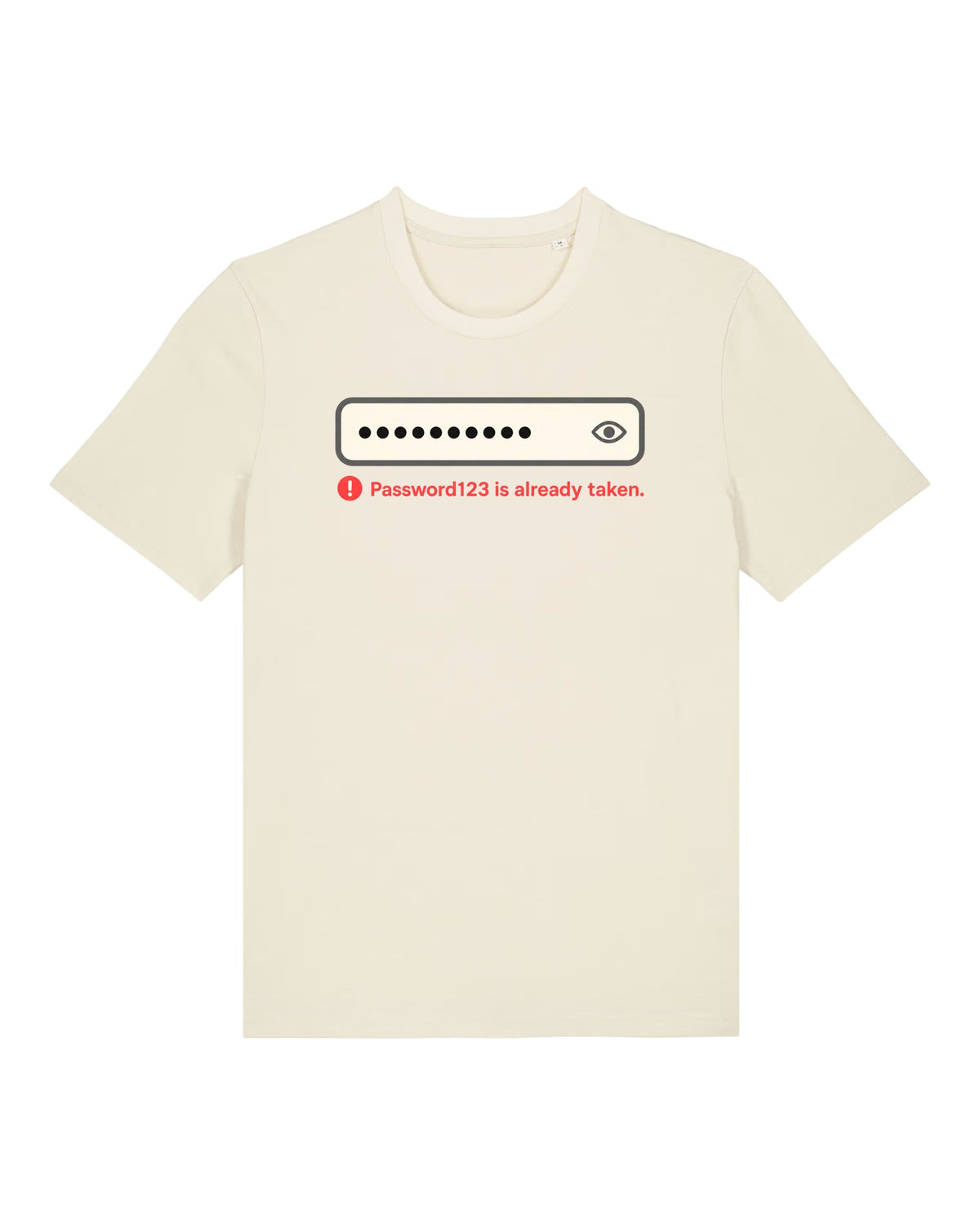 White t-shirt with login field with error "Password123 is already taken."