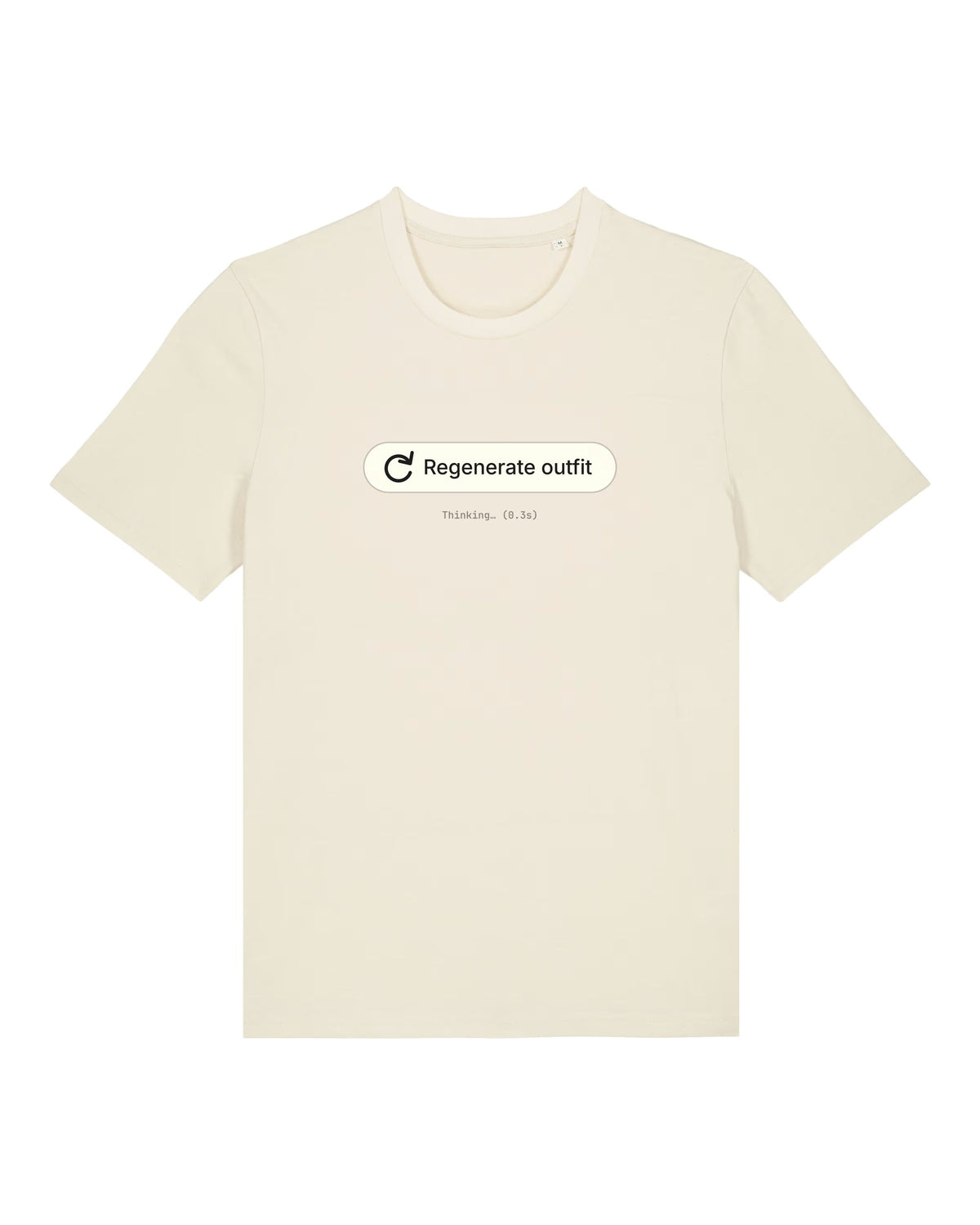 White t-shirt with "Regenerate outfit" button with a thinking indicator